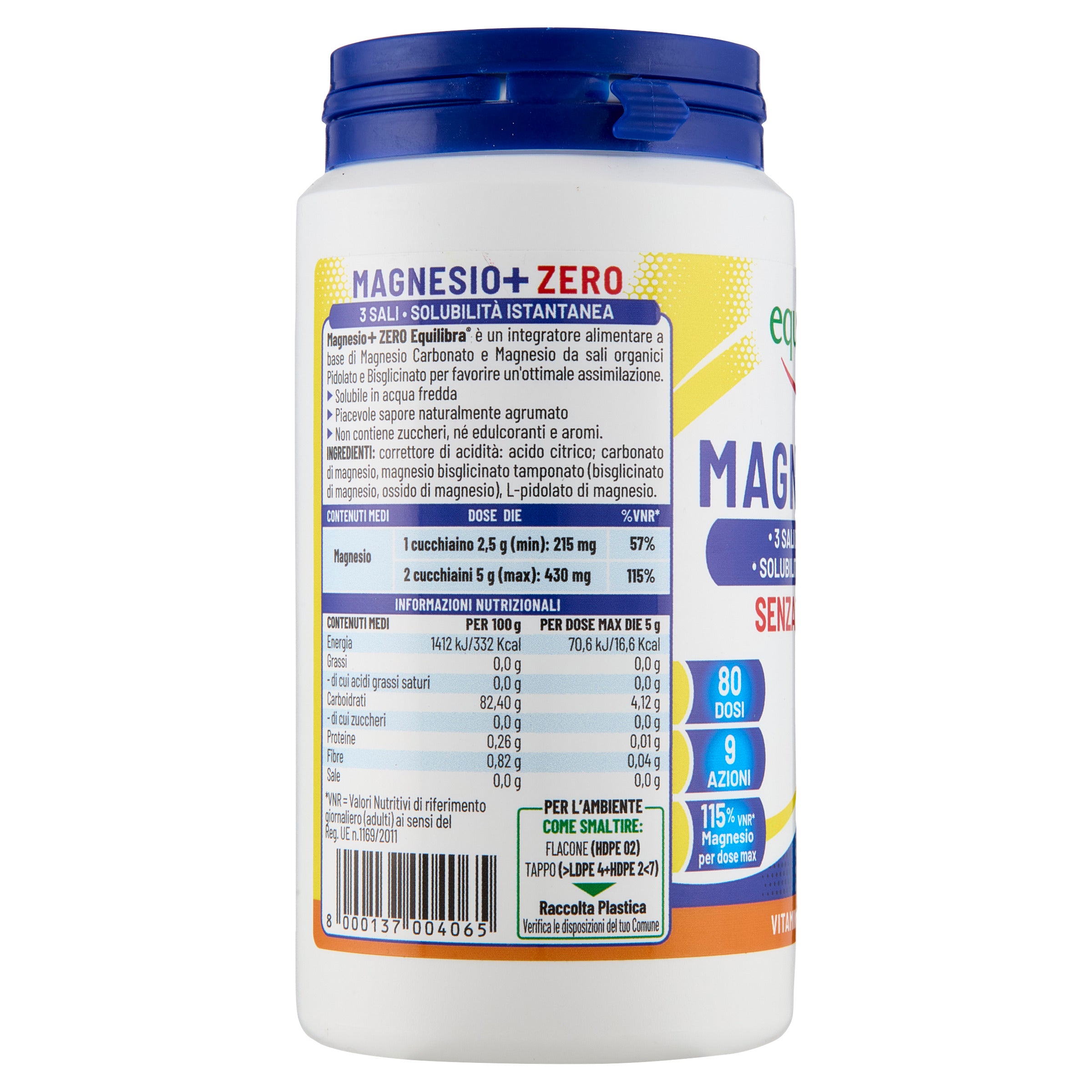 Magnesio in Barattolo Senza Zuccheri a base di Magnesio da sali organici Pidolato e Bisglicinato e Magnesio Carbonato