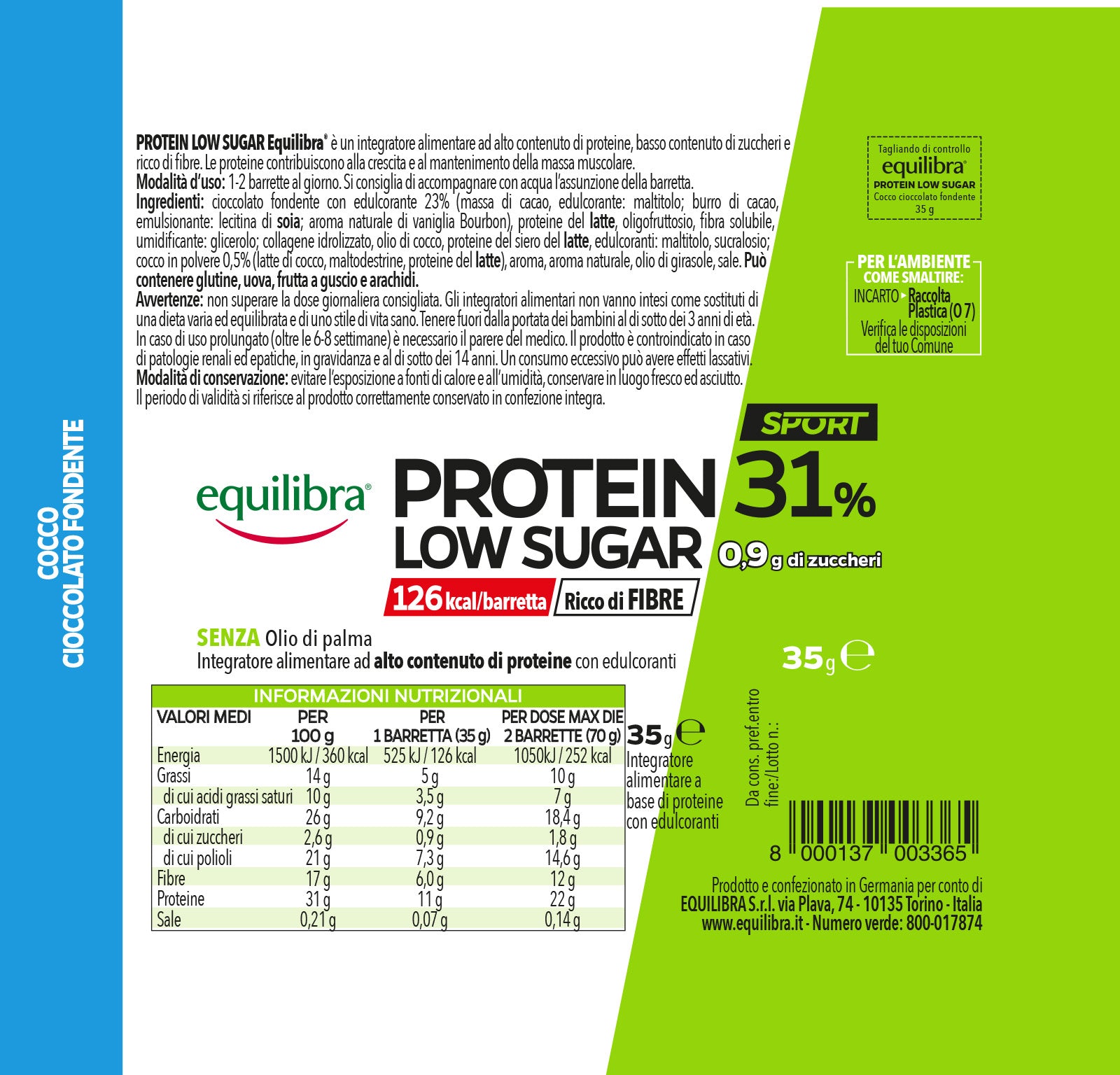 Barretta Protein 31% Low Sugar Cocco e Cioccolato Fondente