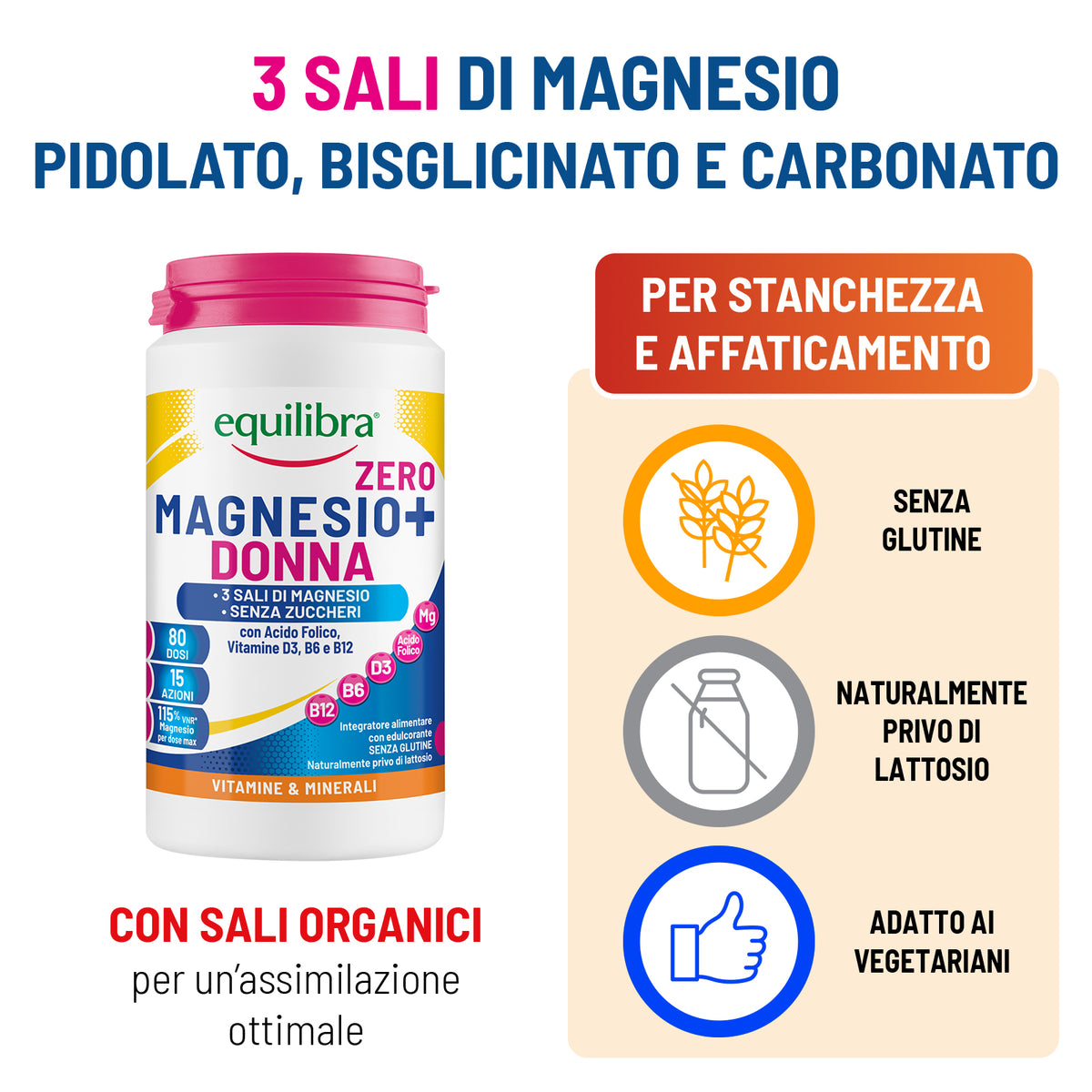 Magnesio in Barattolo Donna Zero Zuccheri a base di 3 Sali di Magnesio, Vitamine D3, B6 e B12 e Acido Folico