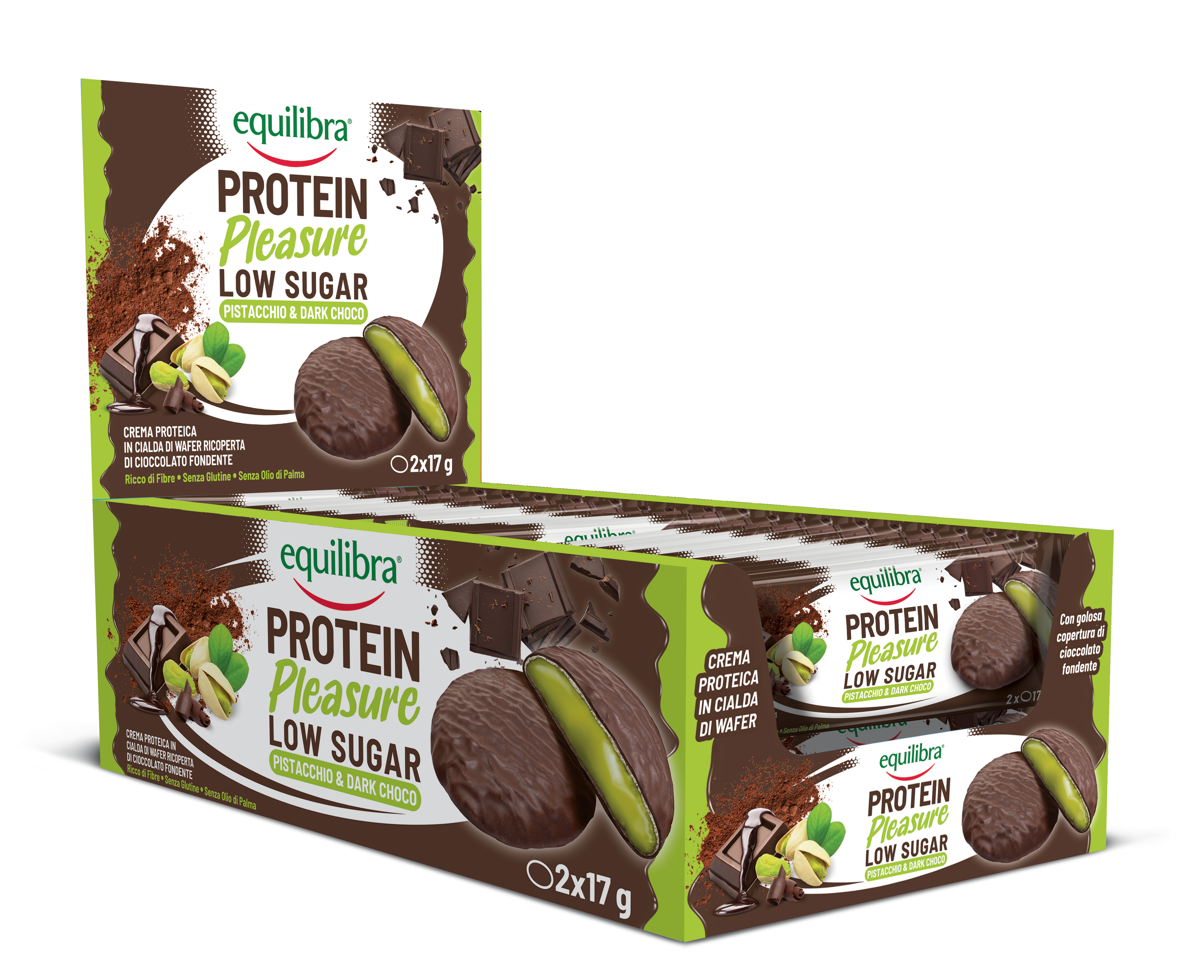 Bundle Protein Pleasure Dobloni al gusto Pistacchio e Cioccolato Fondente con crema proteica e a basso contenuto di zuccheri
