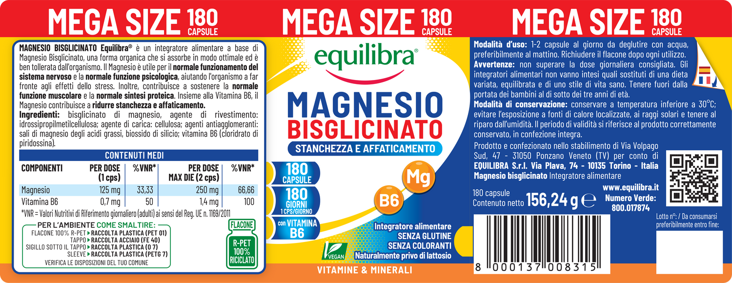 Magnesio Bisglicinato Mega Size Scorta per 6 mesi