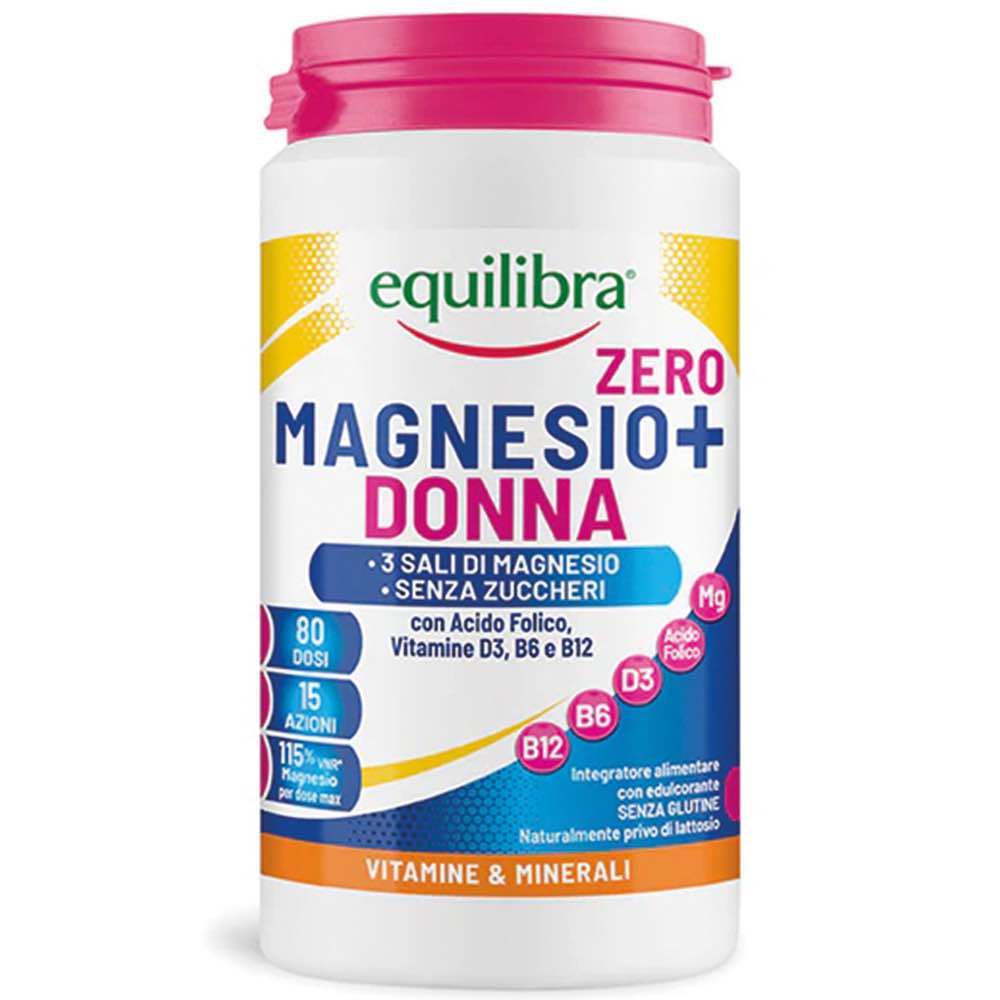 Magnesio in Barattolo Donna Zero Zuccheri a base di 3 Sali di Magnesio, Vitamine D3, B6 e B12 e Acido Folico