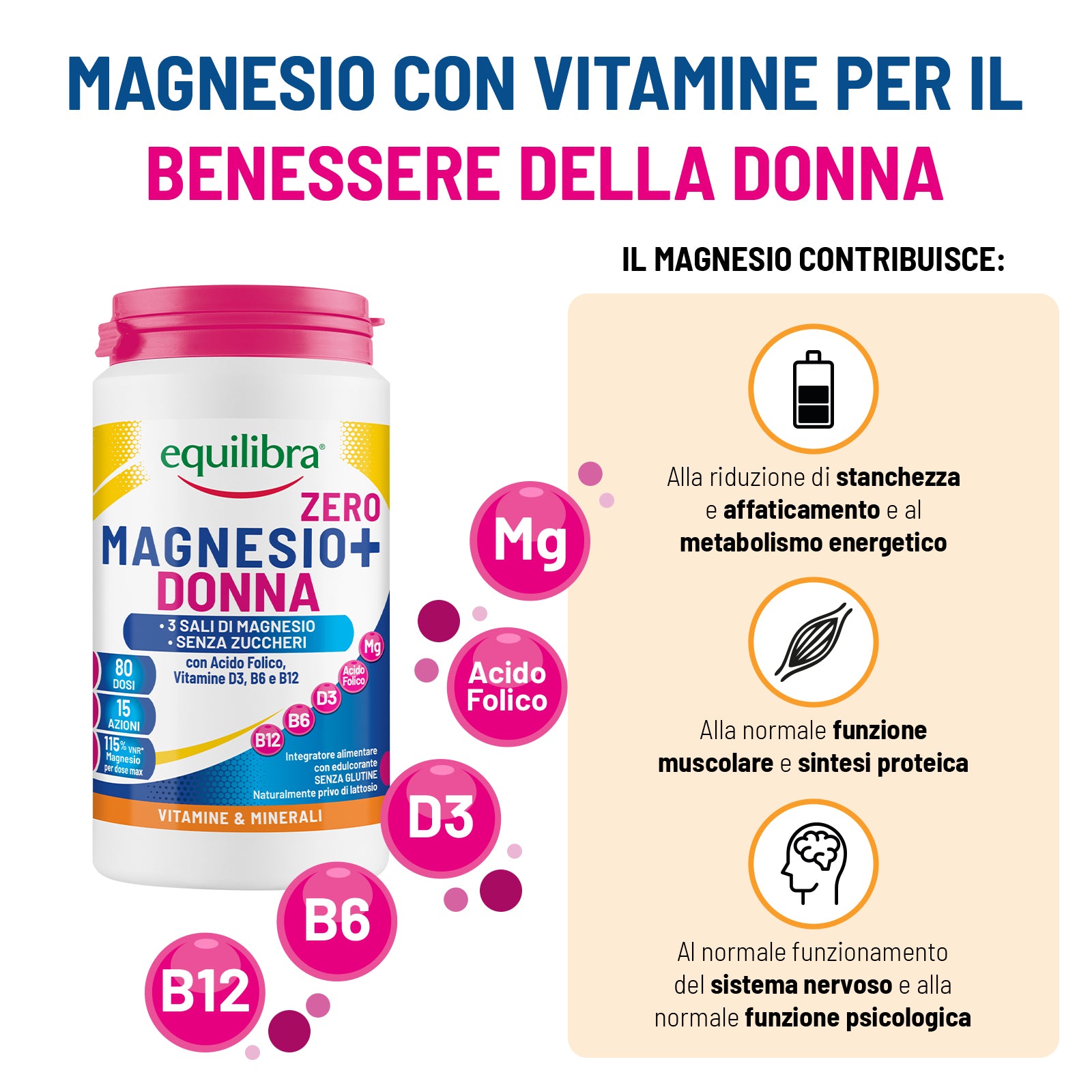 Magnesio in Barattolo Donna Zero Zuccheri a base di 3 Sali di Magnesio, Vitamine D3, B6 e B12 e Acido Folico