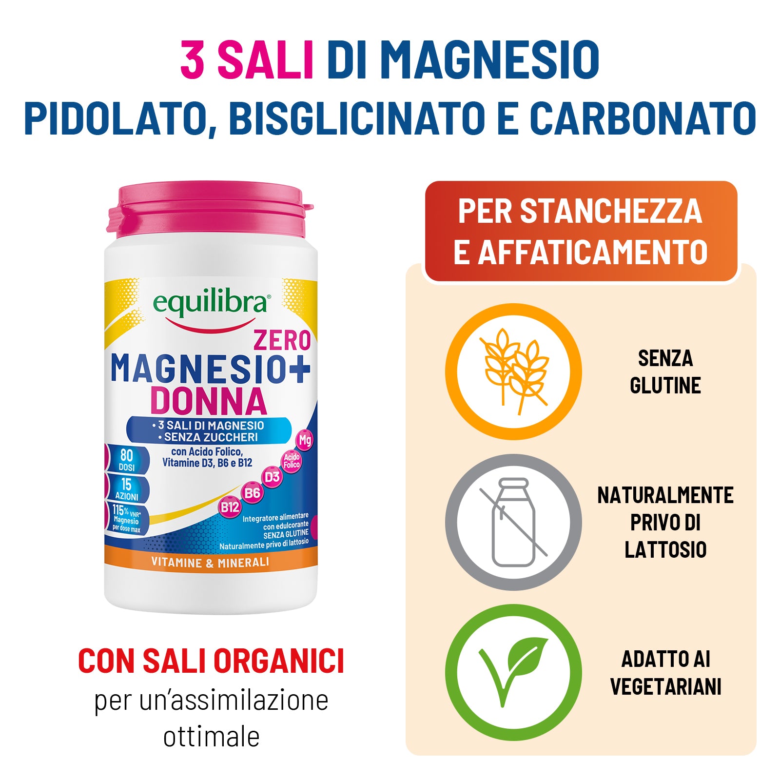 Magnesio in Barattolo Donna Zero Zuccheri a base di 3 Sali di Magnesio, Vitamine D3, B6 e B12 e Acido Folico