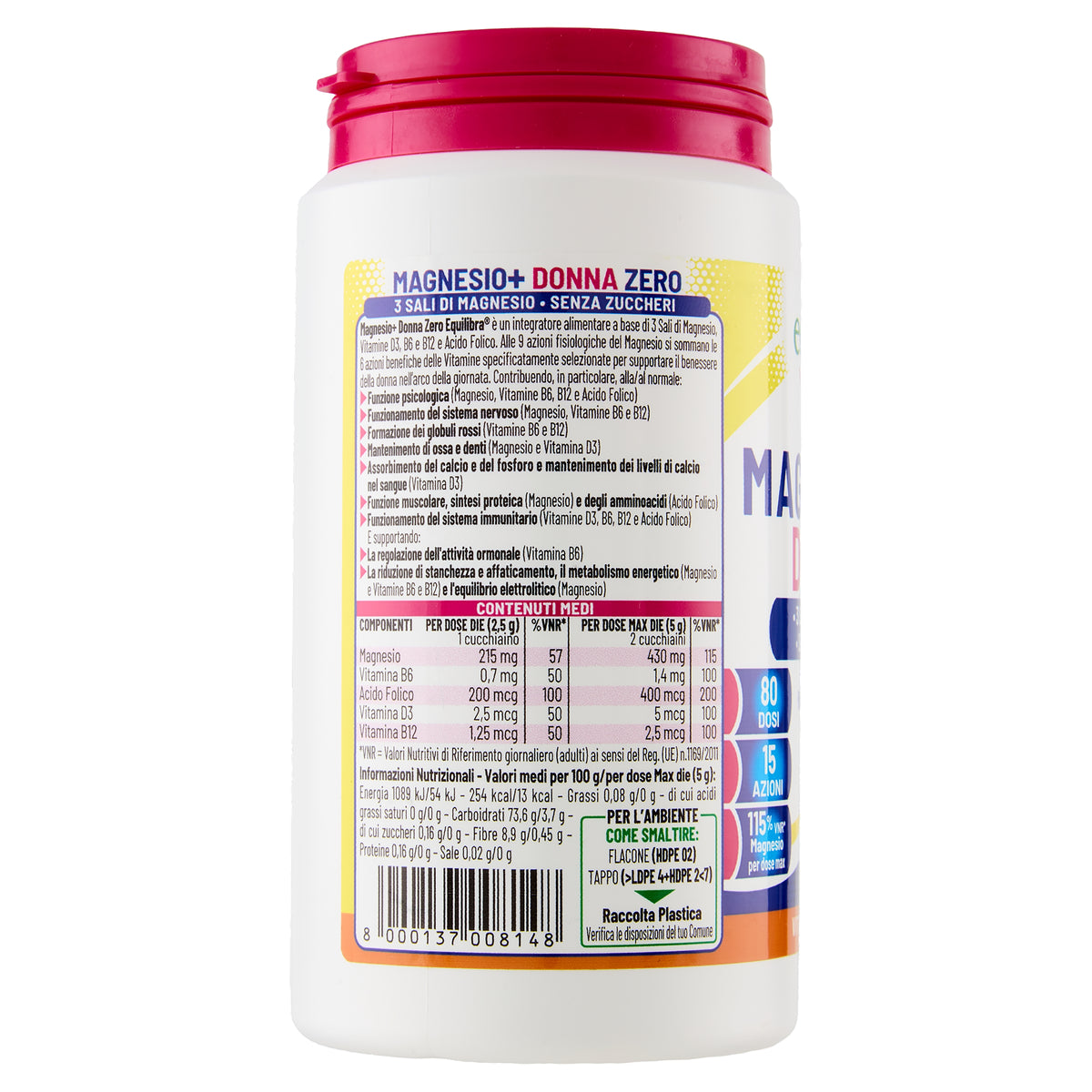 Magnesio in Barattolo Donna Zero Zuccheri a base di 3 Sali di Magnesio, Vitamine D3, B6 e B12 e Acido Folico