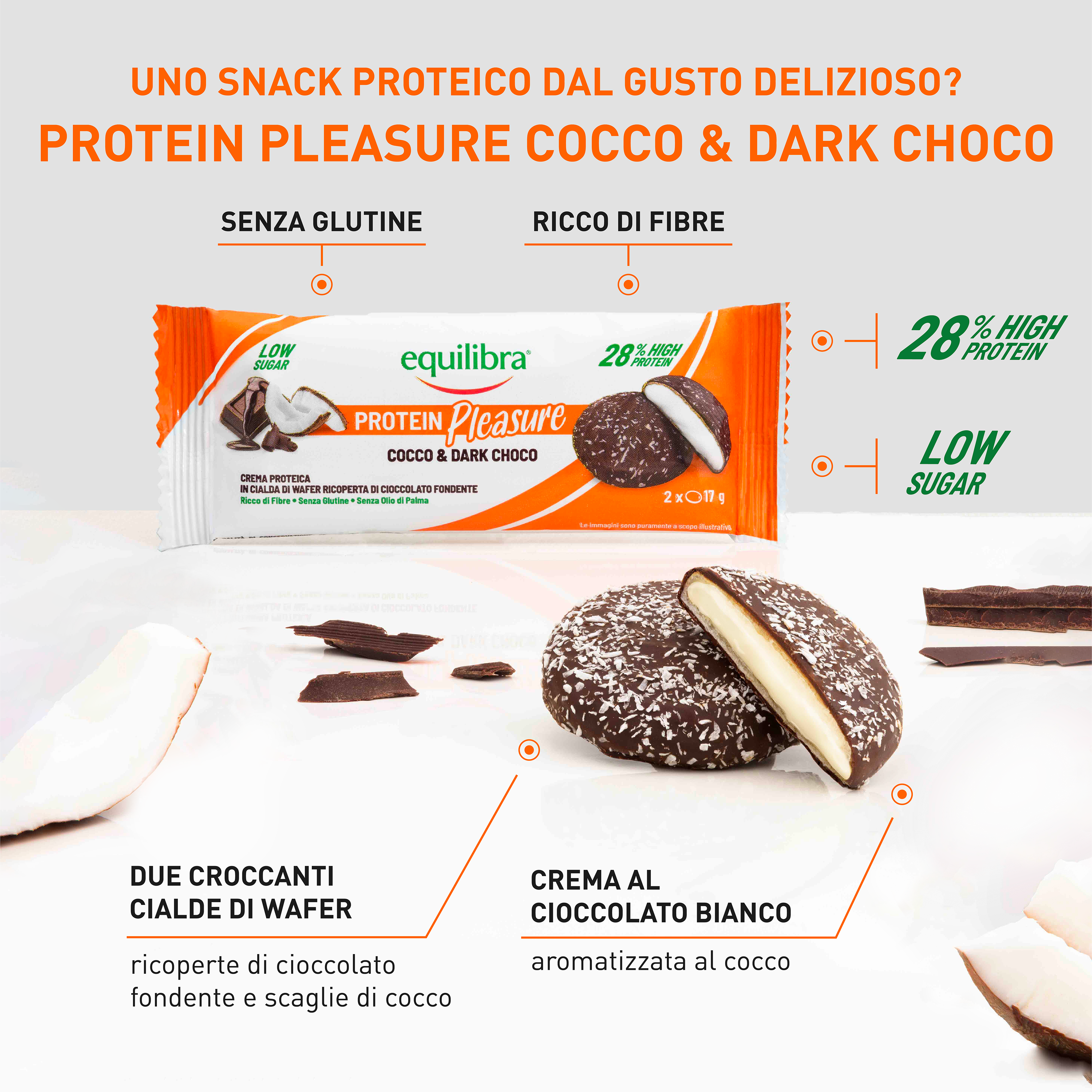 Dobloni Protein Pleasure al gusto Cocco e Cioccolato Fondente con crema proteica e a basso contenuto di zuccheri