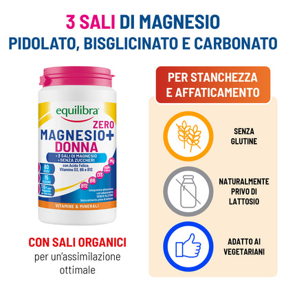 Magnesio in Barattolo Donna Zero Zuccheri a base di 3 Sali di Magnesio, Vitamine D3, B6 e B12 e Acido Folico