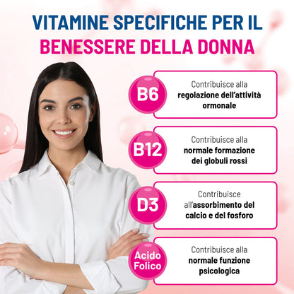 Magnesio in Barattolo Donna Zero Zuccheri a base di 3 Sali di Magnesio, Vitamine D3, B6 e B12 e Acido Folico